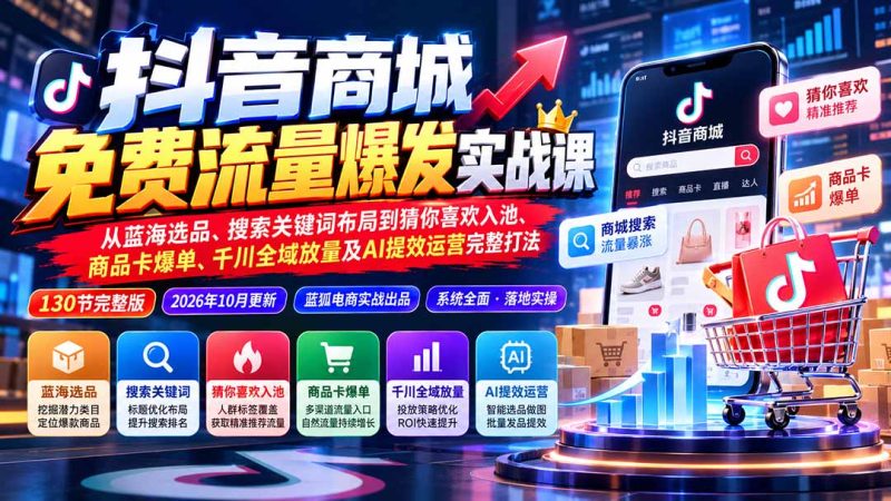 抖音商城免费流量爆发实战:从蓝海选品、搜索关键词布局到猜你喜欢入池、商品卡爆单、千川全域放量及AI提效完整打法-紫橙项目网