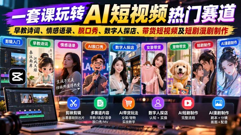 一套课玩转AI短视频热门赛道:早教诗词、情感语录、脱口秀、数字人探店、带货短视频及短剧漫剧制作 复制标题-紫橙项目网