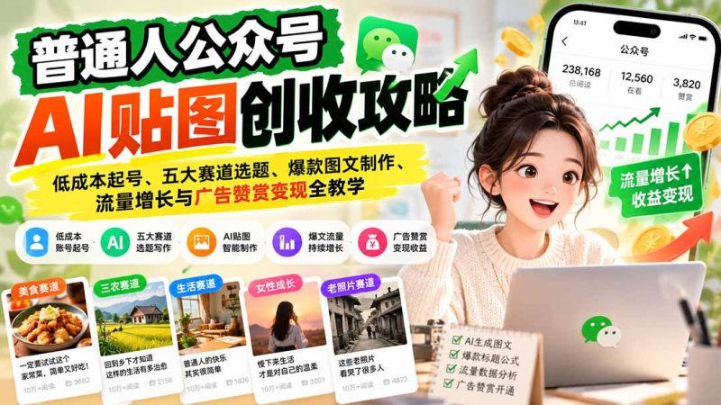 普通人公众号AI贴图创收攻略:低成本起号、五大赛道选题、爆款图文制作、流量增长与广告赞赏变现全教学-紫橙项目网
