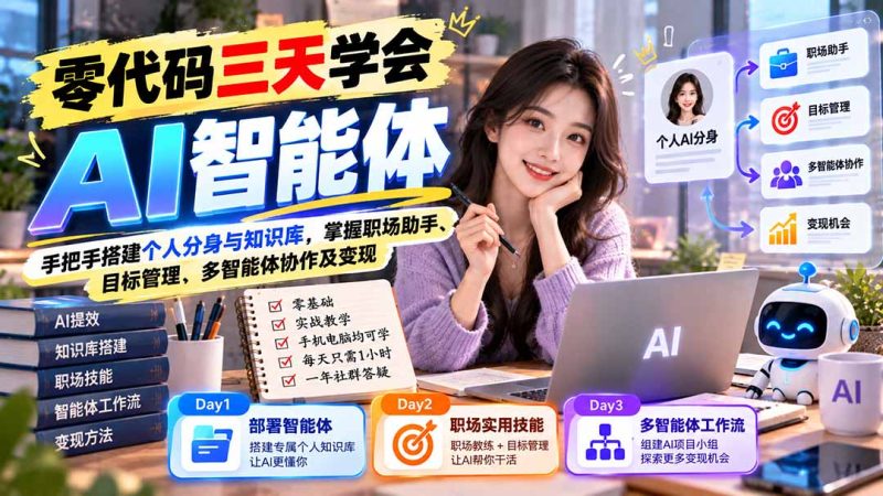 【无水印】零代码三天学会AI智能体:手把手搭建个人分身与知识库,掌握职场助手、目标管理、多智能体协作及变现-紫橙项目网