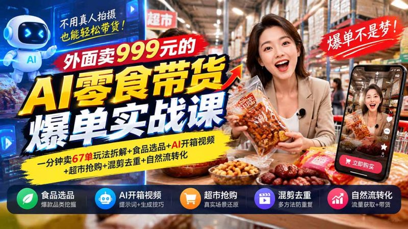 外面卖999元的AI零食带货爆单实战课|一分钟卖67单玩法拆解+食品选品+AI开箱视频+超市抢购+混剪去重+自然流转化-紫橙项目网