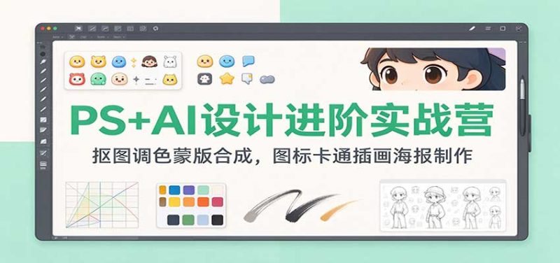 PS+AI设计进阶实战营:抠图调色蒙版合成,图标卡通插画海报制作-紫橙项目网