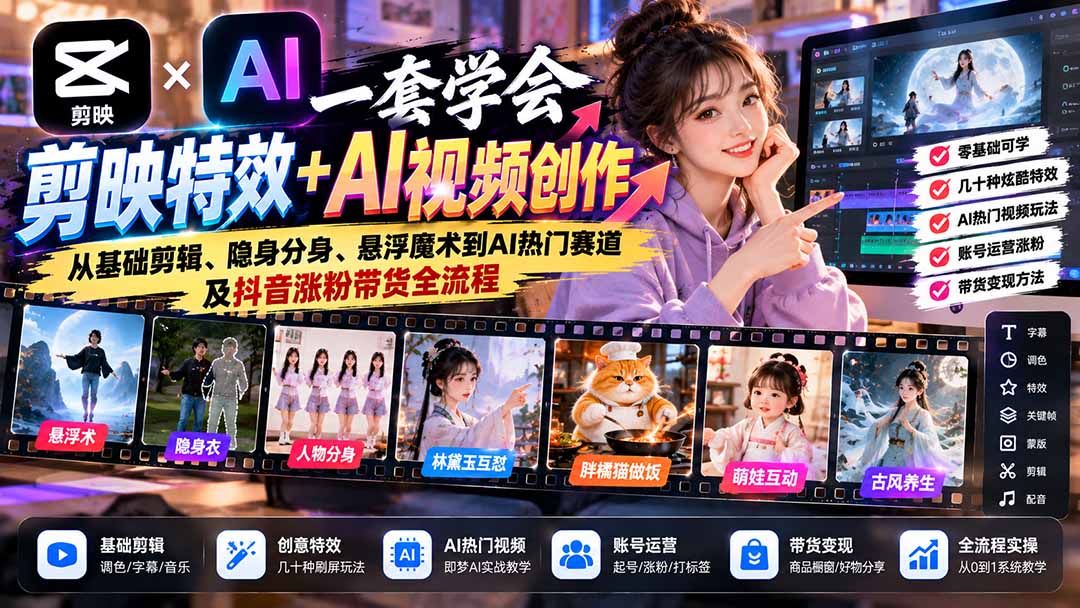 一套学会剪映特效+AI视频创作：从基础剪辑、隐身分身、悬浮魔术到AI热门赛道及抖音涨粉带货全流程