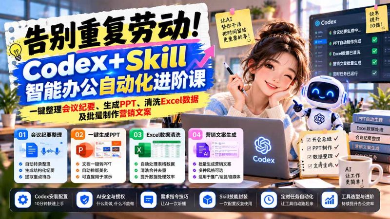 告别重复劳动!Codex+Skill智能办公自动化进阶课:一键整理会议纪要、生成PPT、清洗Excel数据及批量制作营销文案-紫橙项目网
