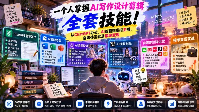 一个人掌握AI写作设计剪辑全套技能：从ChatGPT办公、AI绘画到虚拟主播、自媒体运营及接单变现-紫橙项目网
