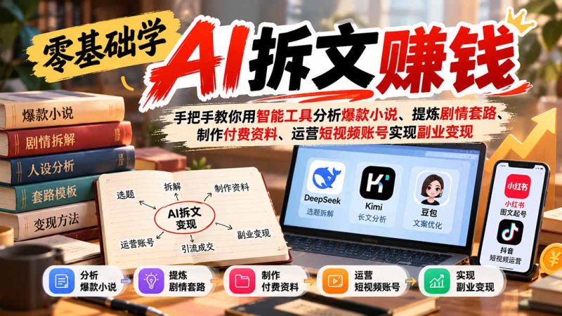 零基础学AI拆文赚钱：手把手教你用智能工具分析爆款小说、提炼剧情套路、制作付费资料、运营短视频账号实现副业变现-紫橙项目网