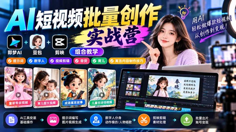 【无水印】AI短视频批量创作实战营:即梦+豆包+剪映组合教学,提示词/数字人/视频剪辑/带货/育儿/寓言内容制作技巧-紫橙项目网