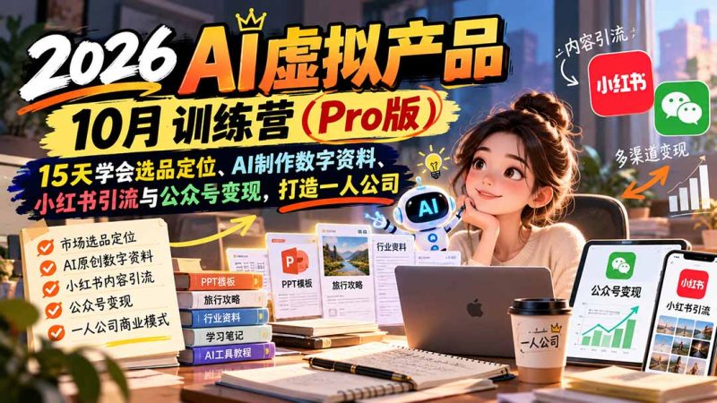 2026AI虚拟产品10月训练营(Pro版):15天学会选品定位、AI制作数字资料、小红书引流与公众号变现,打造一人公司-紫橙项目网