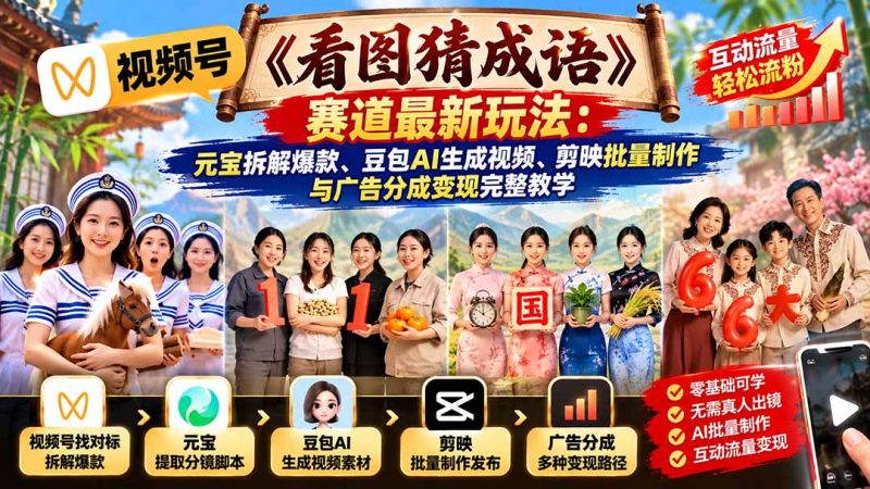 视频号《看图猜成语》赛道最新玩法:元宝拆解爆款、豆包AI生成视频、剪映批量制作与广告分成变现完整教学-紫橙项目网