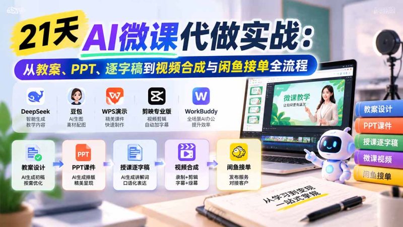 21天AI微课代做实战:从教案、PPT、逐字稿到视频合成与闲鱼接单全流程-紫橙项目网