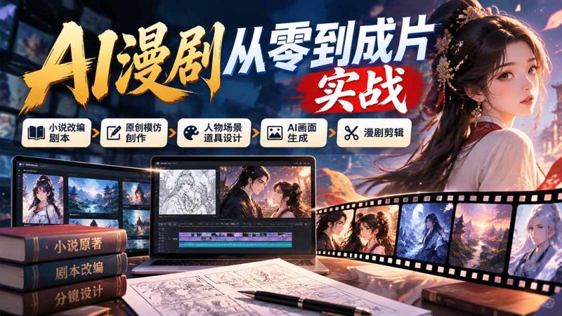 AI漫剧从零到成片实战:小说改编剧本、原创模仿创作、人物场景道具设计、AI画面生成与漫剧剪辑-紫橙项目网