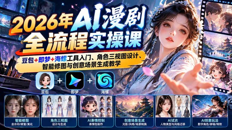 2026年AI漫剧全流程实操课:豆包+即梦+海螺工具入门、角色三视图设计、智能修图与创意场景生成教学-紫橙项目网