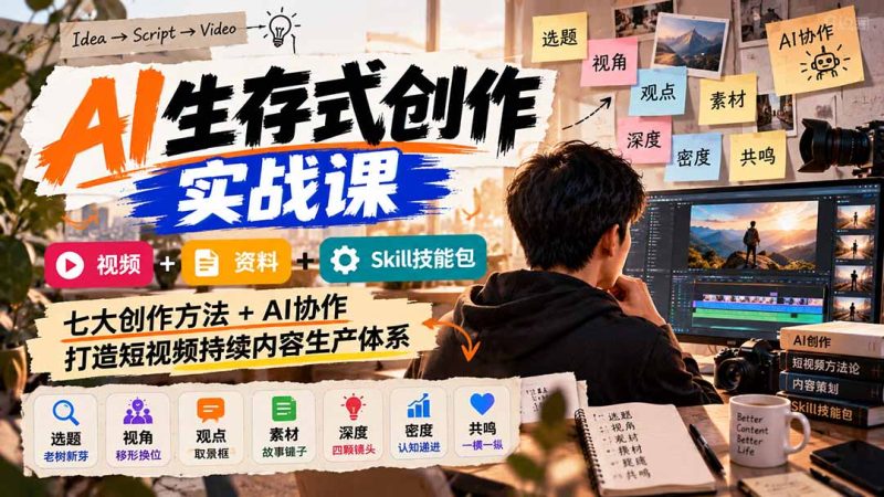 AI生存式创作实战课:视频+资料+Skill技能包,七大创作方法+AI协作,打造短视频持续内容生产体系-紫橙项目网
