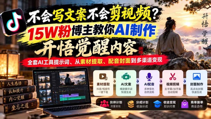 不会写文案不会剪视频?15W粉博主教你AI制作开悟觉醒内容,全套AI工具提示词、从素材提取、配音封面到多渠道变现-紫橙项目网