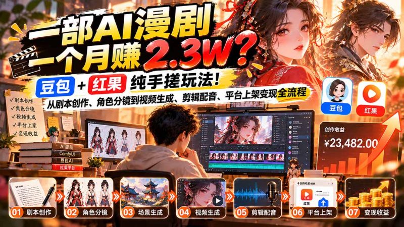 一部AI漫剧一个月赚2.3W?豆包+红果纯手搓玩法!从剧本创作、角色分镜到视频生成、剪辑配音、平台上架变现全流程-紫橙项目网