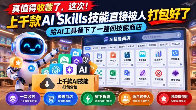 真值得收藏了,这次!上千款AI Skills技能直接被人打包好了,给AI工具备下了一整间技能商店-紫橙项目网