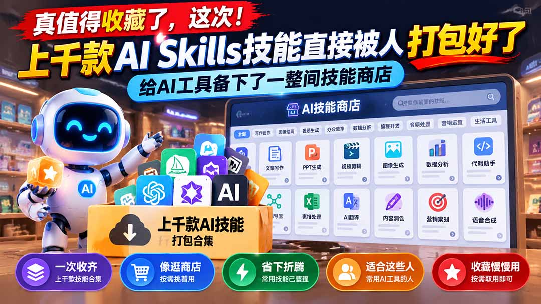 真值得收藏了，这次！上千款AI Skills技能直接被人打包好了，给AI工具备下了一整间技能商店