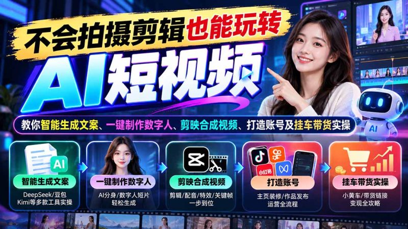 不会拍摄剪辑也能玩转AI短视频:教你智能生成文案、一键制作数字人、剪映合成视频、打造账号及挂车带货实操-紫橙项目网