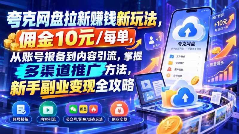 夸克网盘拉新赚钱新玩法,佣金10元/每单,从账号报备到内容引流,掌握多渠道推广方法,新手副业变现全攻略-紫橙项目网