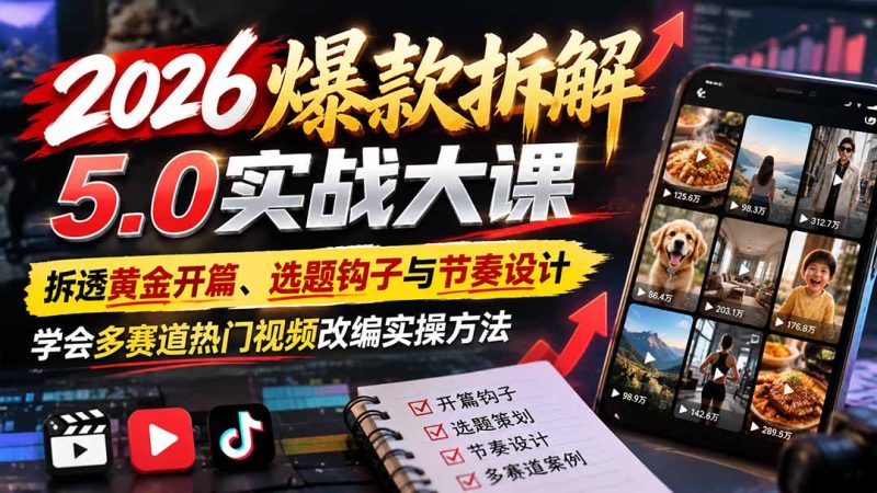 2026爆款拆解5.0实战大课:拆透黄金开篇、选题钩子与节奏设计,学会多赛道热门视频改编实操方法-紫橙项目网