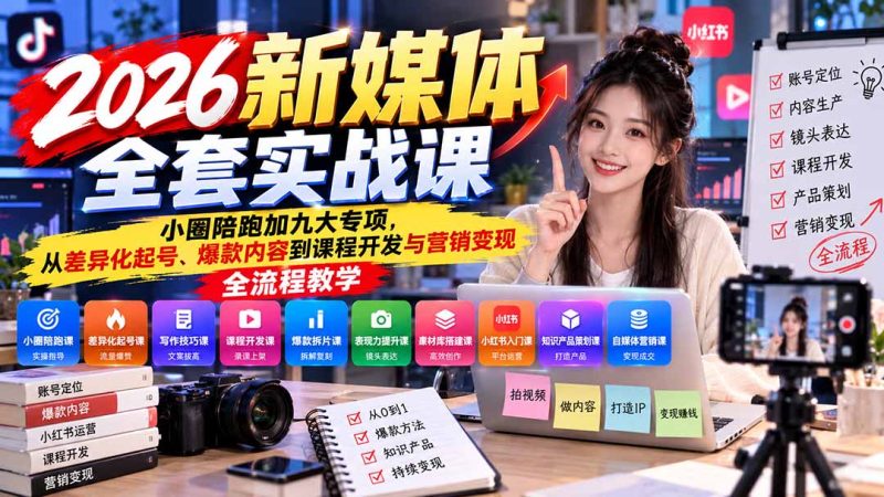 2026新媒体全套实战课:小圈陪跑+九大专项,从差异化起号、爆款内容到课程开发与营销变现全流程教学-紫橙项目网