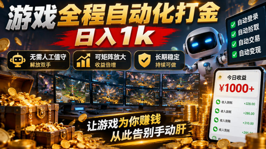 游戏全程自动化打金，日入1k，无需人工值守，解放双手，可矩阵放大，长期稳定！
