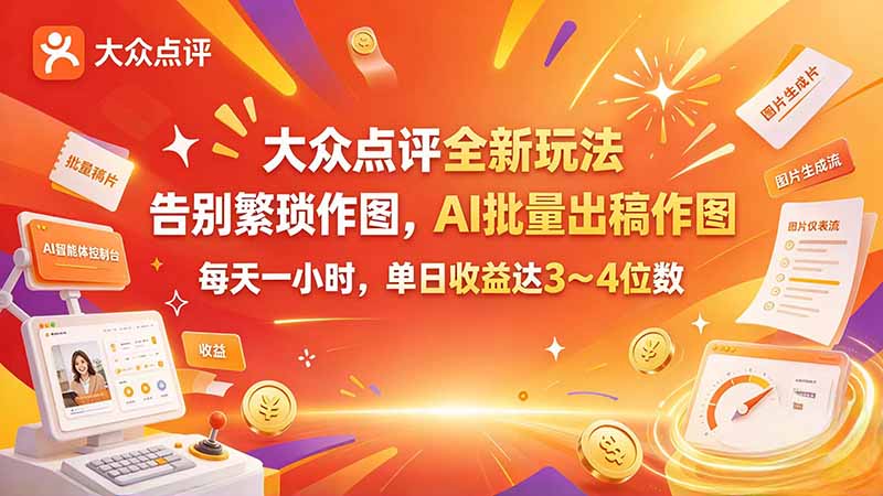 大众点评全新玩法,不用繁琐作图,AI 批量出稿作图,每天一小时,单日收益达 3~4 位数-紫橙项目网